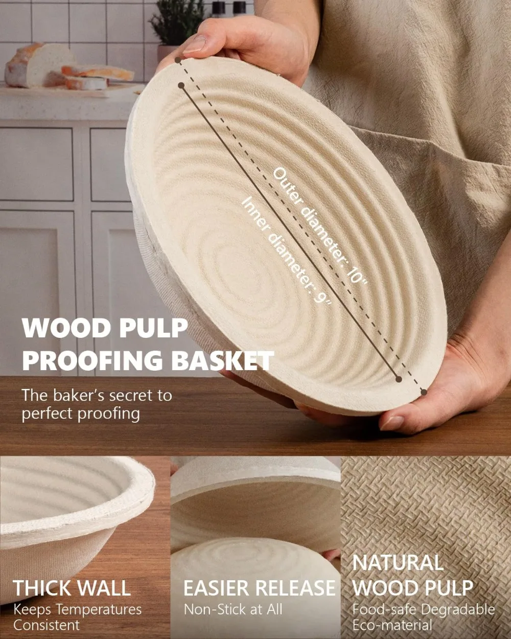 9" Round Sourdough Banneton Set of 2, Natural Wood Pulp, Non-Stick Dough Proofing Baskets - view 2