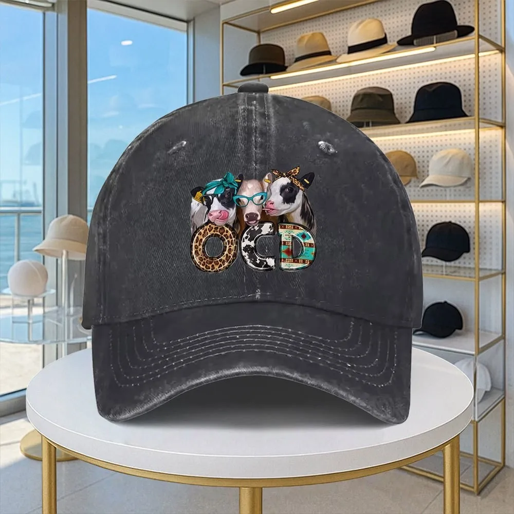 Obsessive Cow Disorder OCD Print Baseball Cap Vintage Washed Denim Casual Hat