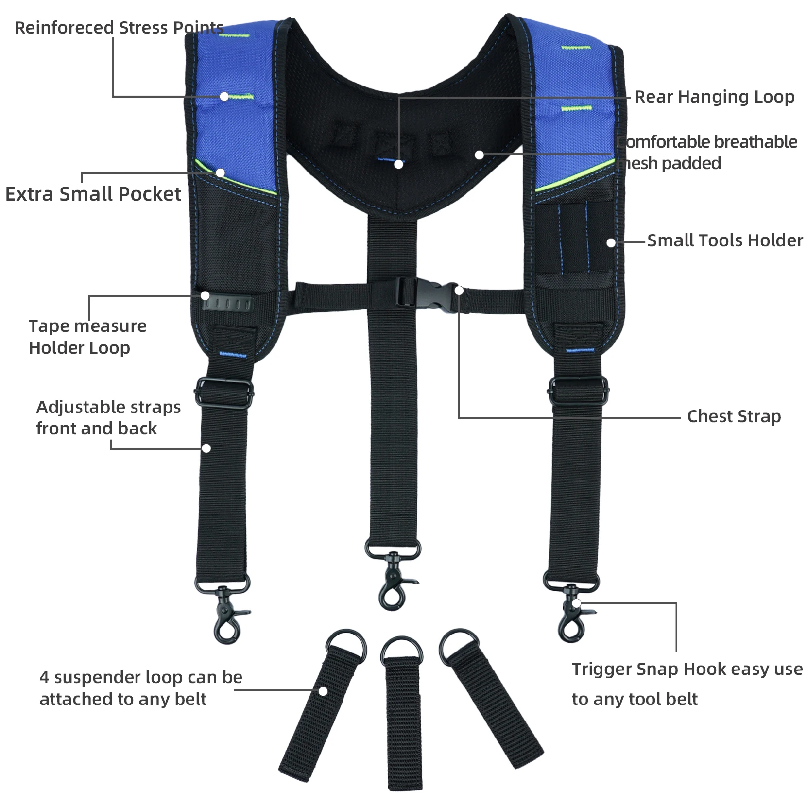 KUNN 3 Point Padded Tool Belt Suspenders for Men,Heavy Duty Construction Suspenders with Tool Belt Loops,Blue