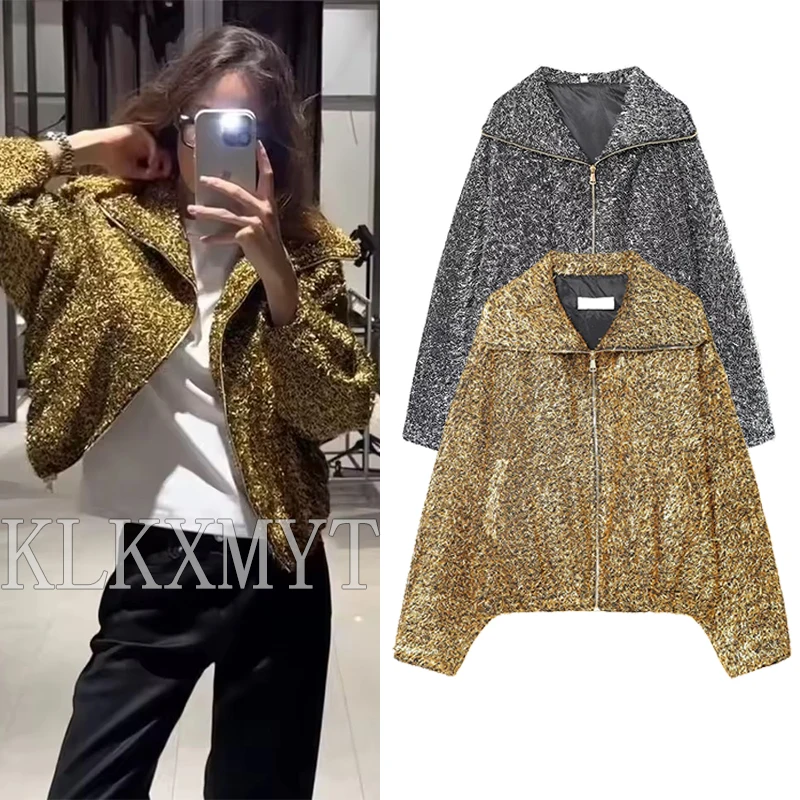 

Women's Metallic Thread Bomber Jacket Spring Autumn Long Sleeve Zipper Jackets Coats Female Chic Casual Streetwear New Outerwear