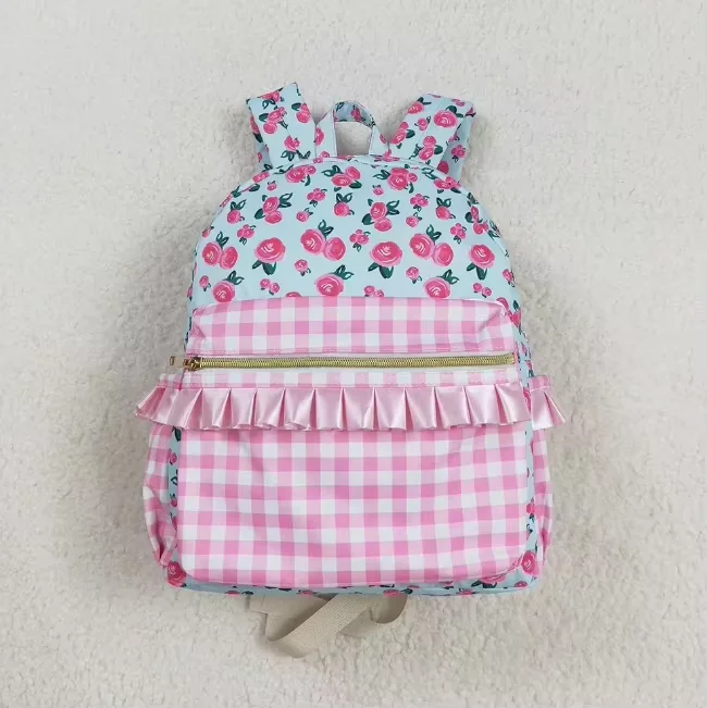 

Pink Kids Backpack Plaid Floral Print Waterproof School Bag Zipper Cute Ruffle Toddler Backpack for Boys & Girls, Kindergart