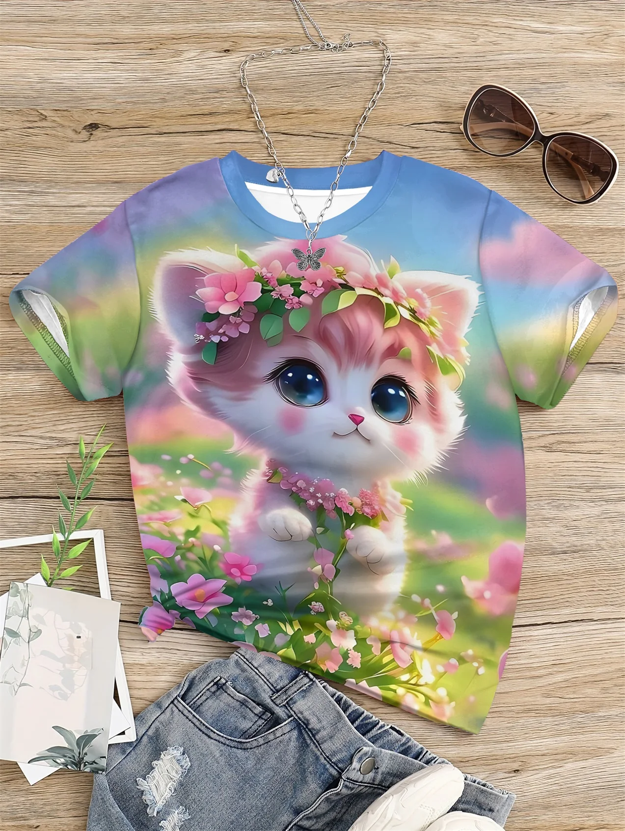 

5 To14 Years Girl Clothes Lively Cat Print Color T-shirt Children's Clothing Kids Summer Short Sleeve Child Top Graphic T Shirts