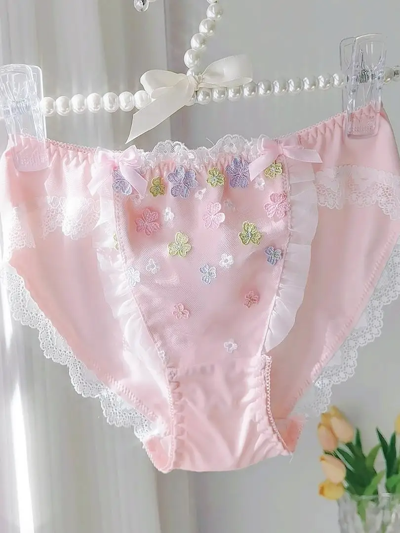 Sweet Flowers Japanese Cute Girl Low Waist Underwear Bow Embroidered Lace Edge Triangle Panties Lolita Fresh Panties