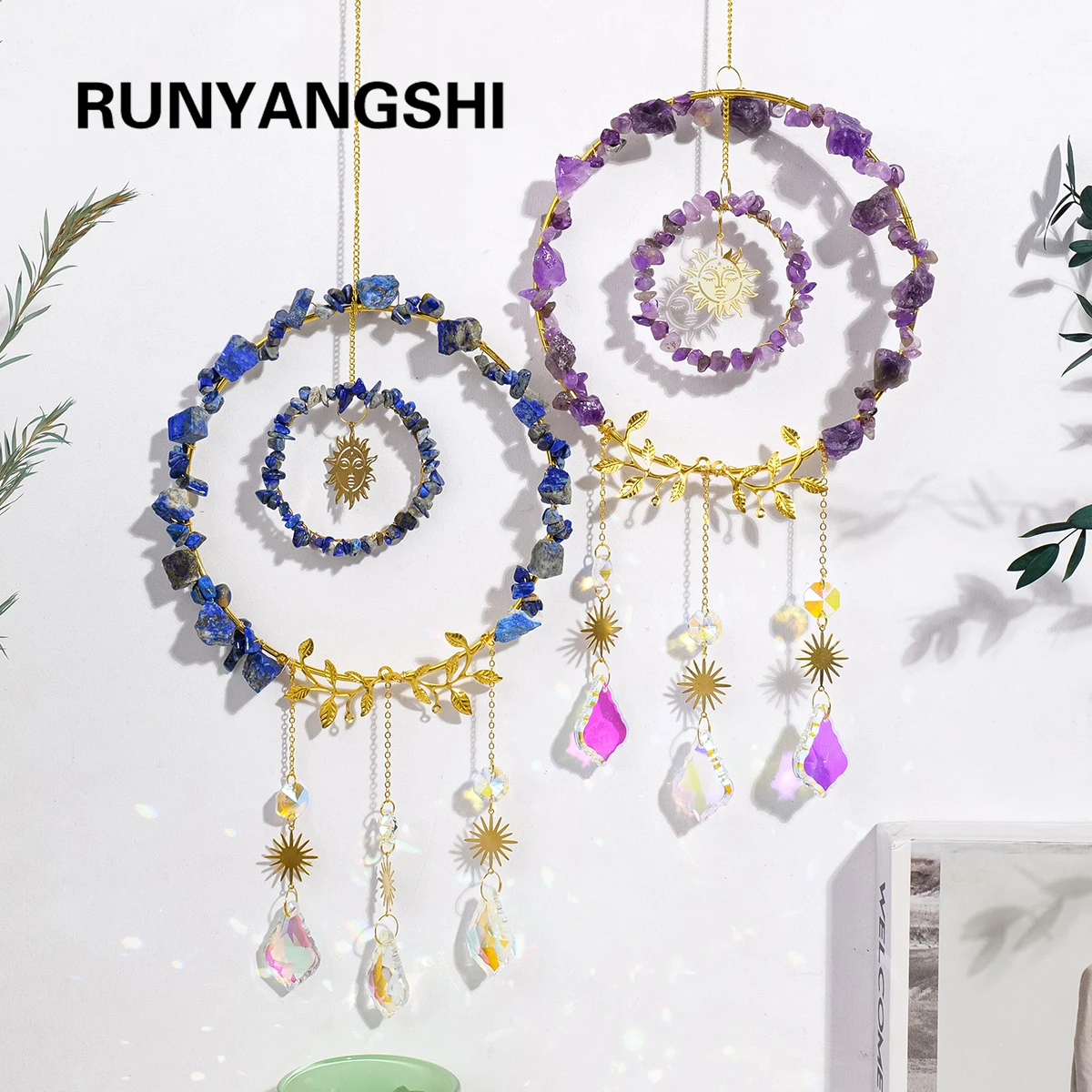 1PC Natural Crystal Pendant Crystal Gravels Annulus Sun Catcher Reiki Gemstone Chips Home Decoration