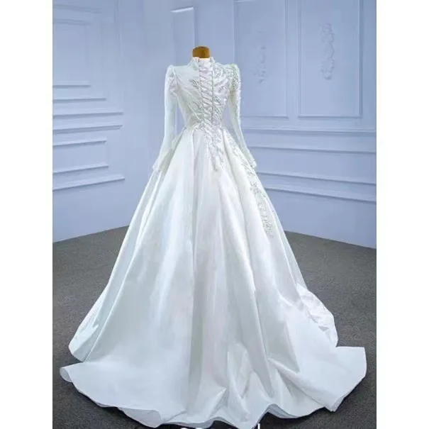 Robe de Mariée Personnalisée avec Perles et Paillettes, Nouveau Design, Col Haut, Manches sulf, A-ligne, Patients, Quelle que soit l'Arabe, Dubaï