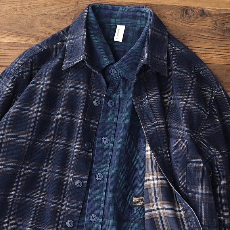 Corduroy Men\'s Plaid Cargo Shirt Autumn America Style Literary Vintage Business Office Long Sleeve Casual All-Match Basic Tops