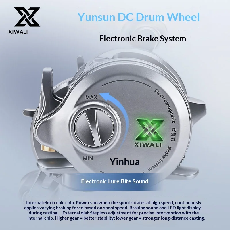 XIWALI Yinsun DC Drum Fishing Reel 5+1 Bearings 7.2:1 158g Self-generation Brake Stepless Adjust Drag Alarm Light Spool