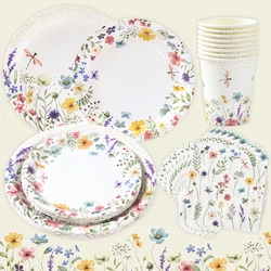 Spring Wild Flower Tableware Birthday Party Decor Wild Floral Disposable Plate Cup Tablecloth Girl Wedding Baby Shower Supplies