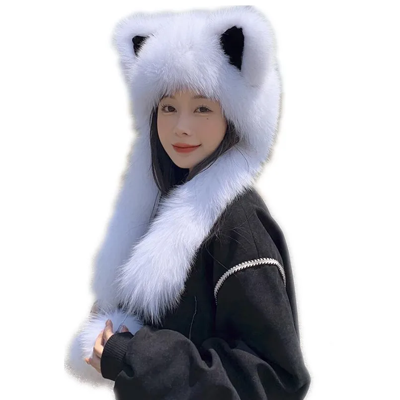 

Cat Ear Russian Winter Women Knitted Real Fox Fur Hats Scarf Cute Warm Cap Scarves Lady Luxury Muffler with pompom