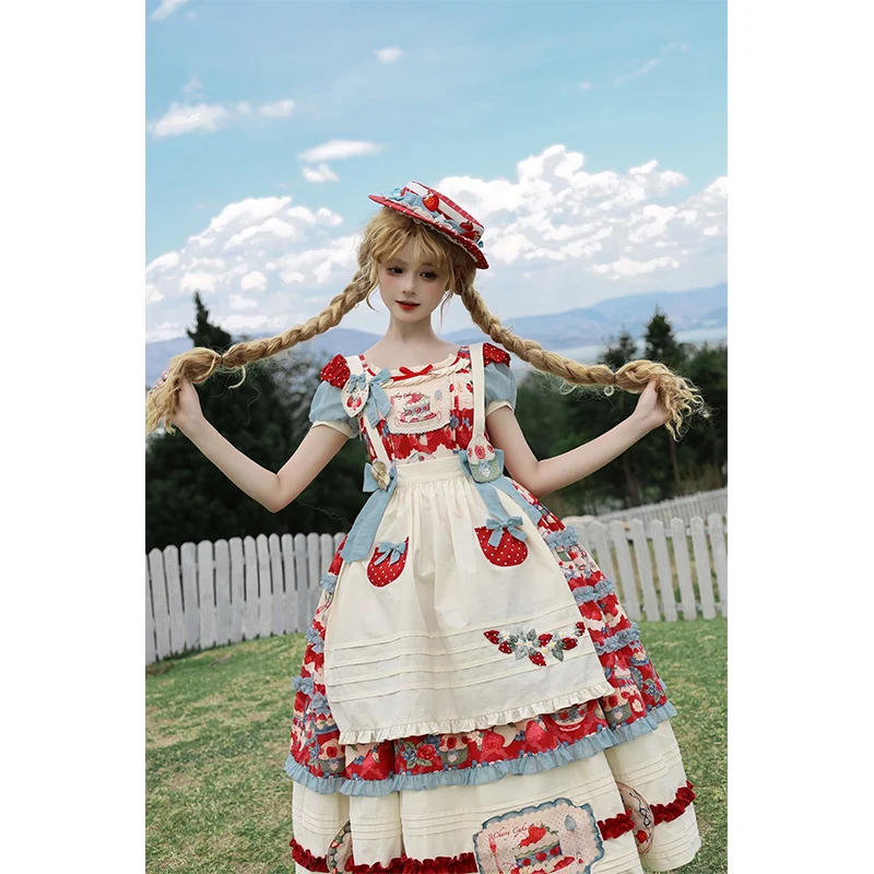 Lolita Print Japanese Original Round Neck Puff Short Sleeve Long Princess Dress +Apron+Heart Strawberry Embroidered Brooch