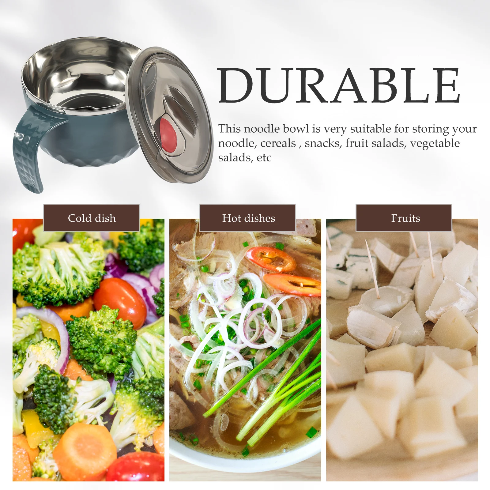 Stainless Steel Insulated Noodle Bowl Leak Proof Handle Anti Scald Reusable Soup Bowl For Home Office Dining Round Food Storage