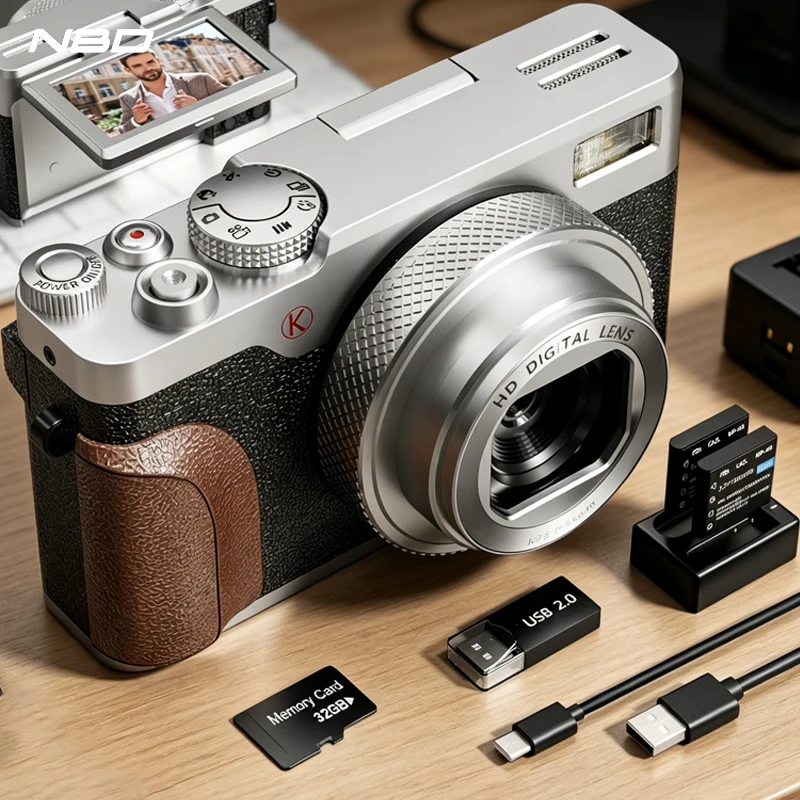 NBD Digitalkamera 4K&56MP Vlog-Kamera im Retro-Stil Silber Kompakt 18-fach Zoom mit Klappbildschirm für Mädchen und Jungen Schneller Versand