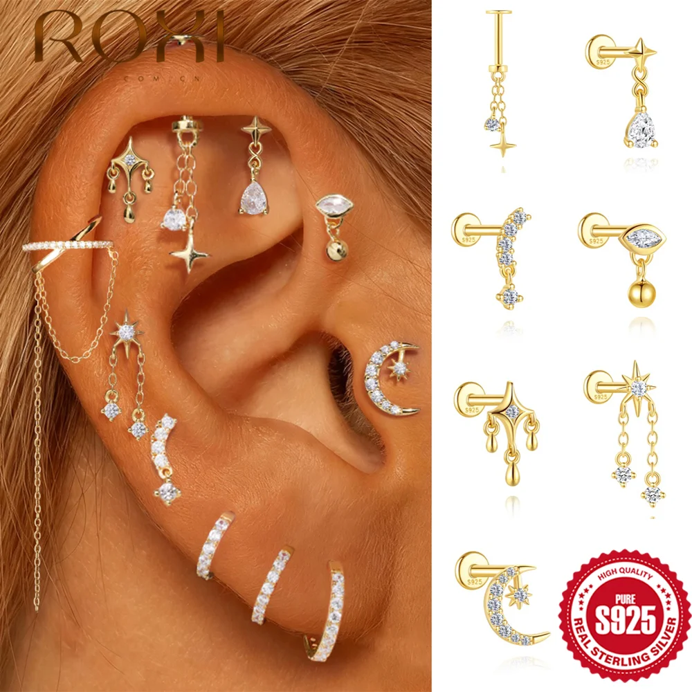 

ROXI 925 Sterling Silver Star Moon Flat Back Piercing Stud Helix for Women Shiny Eternal Water Drop Valentine's Day Gifts