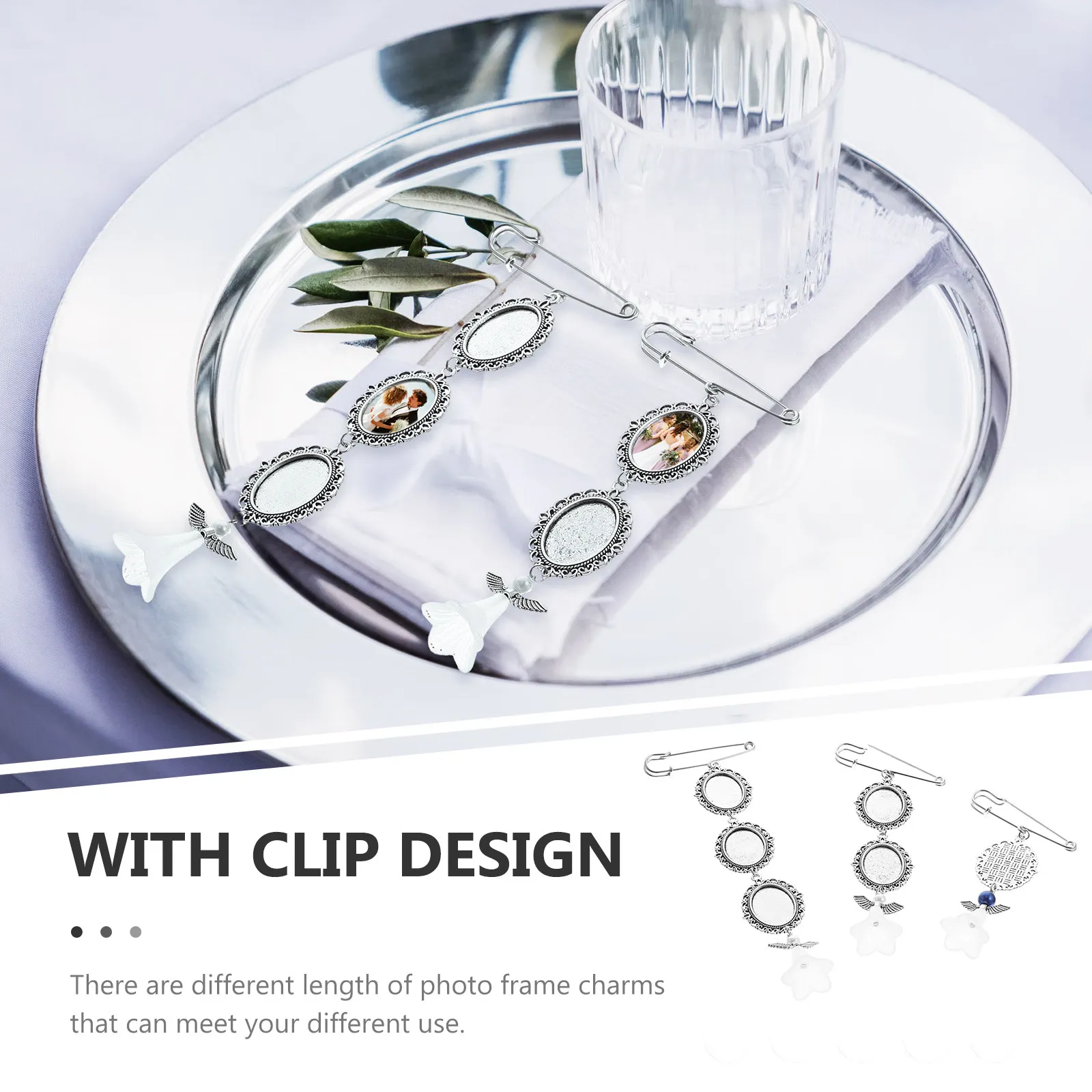

3Pcs Memorial Photo Pendants with Clip Design Wedding Bouquet Charm DIY Picture Frame Metal Glass Pendant for Jewelry Craft