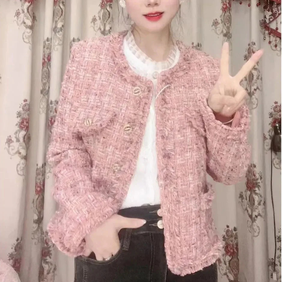 Pink Small Fragrance Jacket Women Down Lining Warm Short Jacket Autumn Winter Tweed Woolen Coat Female Casual Tops Outerwear