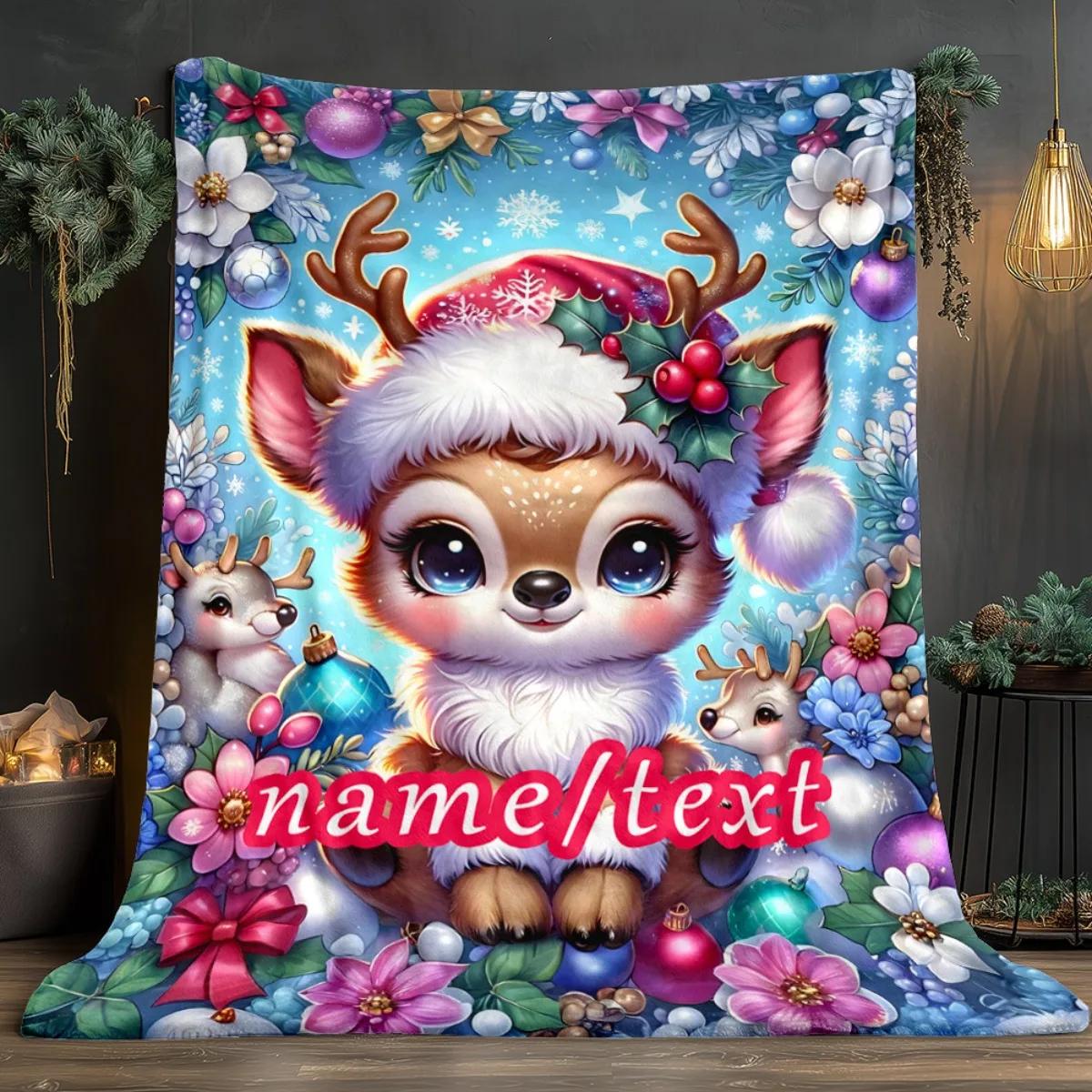Personalized custom name deer Christmas blanket soft flannel 280g _ Square meter all season comfortable blanket with floral