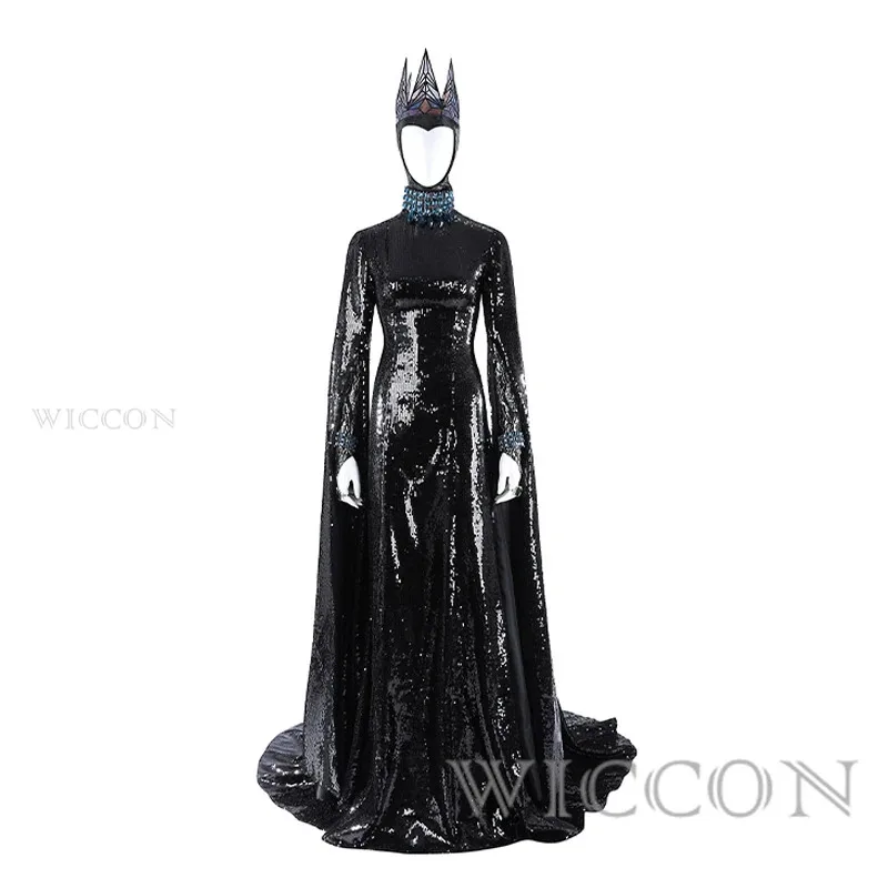

NewMovie Snow Cos Whites Evil Queen Косплей Костюм Мачехи Женское Черное Длинное Платье Корона Ожерелье Наряды Хэллоуин Костюм2025