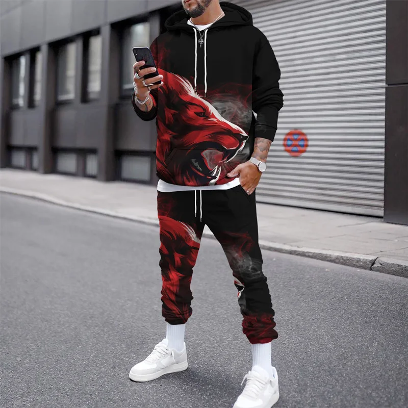 الرجال هوديس sweatpants 2 قطعة مجموعة الرجال رياضية رياضية طويلة الأكمام المتضخم الملابس دعوى الخريف ثلاثية الأبعاد الأسد الملك المطبوعة