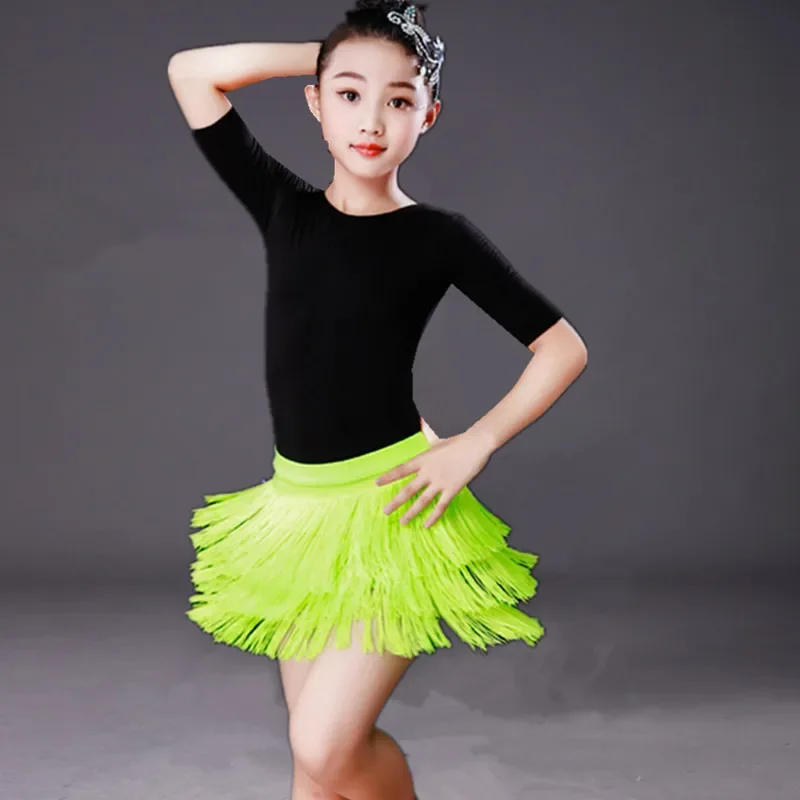 Children Tassel Latin Dancing Skirt Children Salsa Tango Ballroom Dancing Skirt Fringe Dress