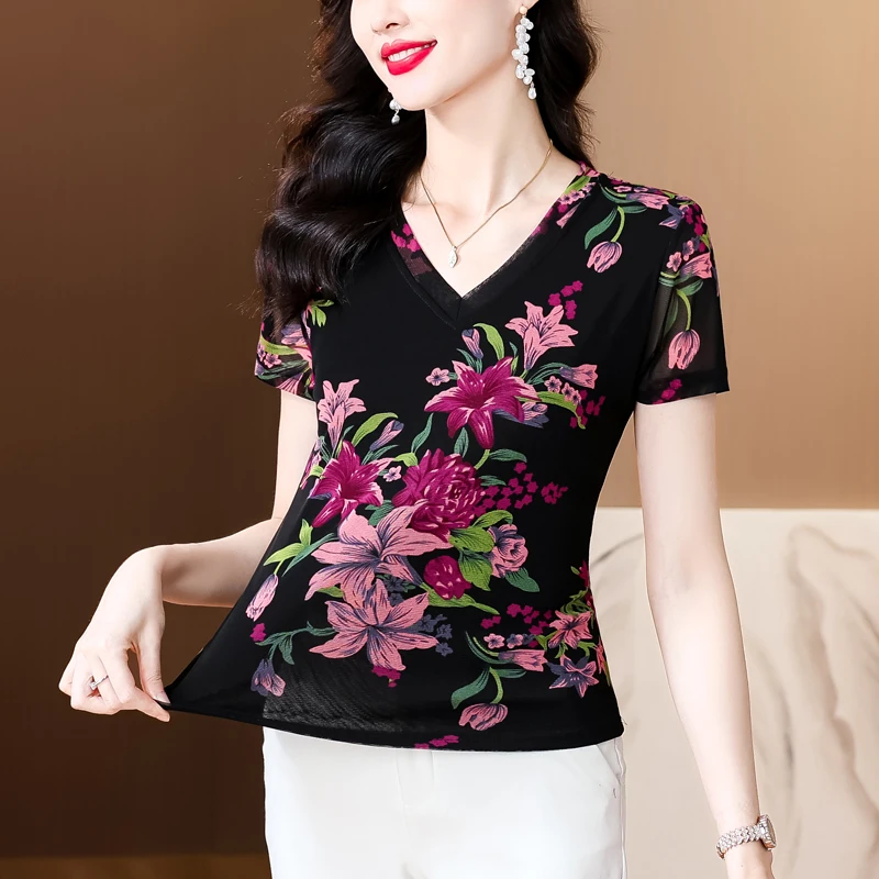 Women Basic Floral Tshirt V Neck Short Sleeve Shirt Soft Mesh T-Shirt Summer Street Daily Top