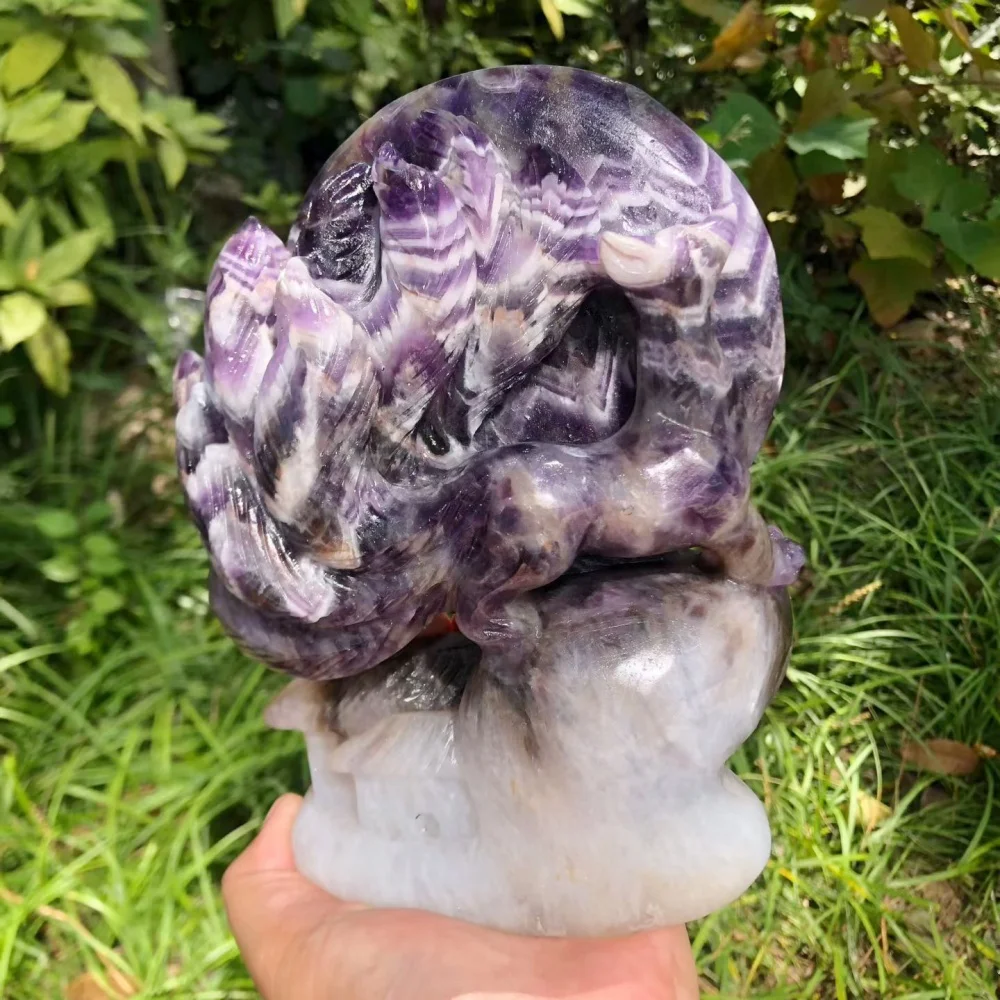 Natural Dream Amethyst Fluorite Nine Tails Fox Figurine Crystal Statue Home Table Decor Reiki Healing Collection Gift