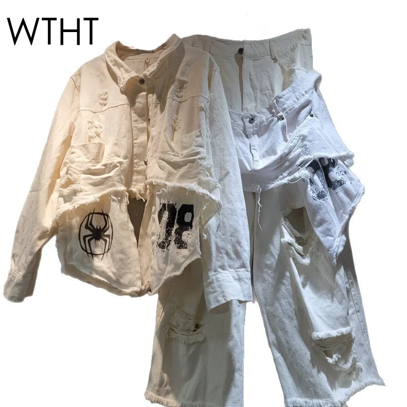 

WTHT Fashion New Women's Patchwork Long Sleeves Lapel Denim Jacket High Waist Straight Jeans 2025 Autumn 1LS2248