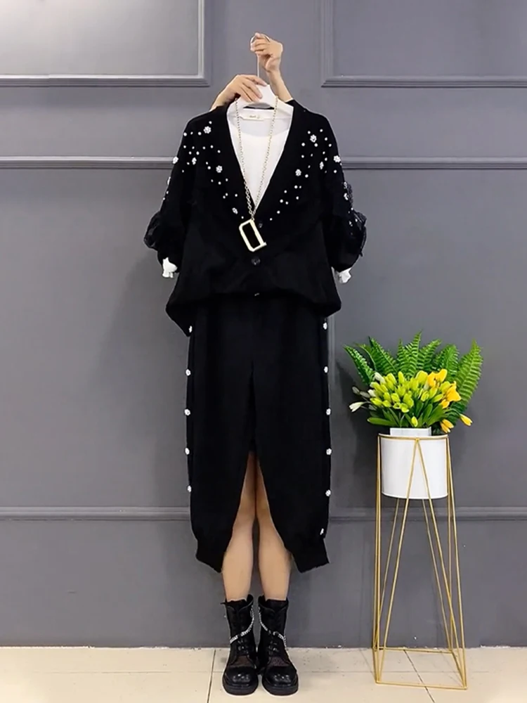 2023 Spring New Elegant V-neck Diamond Lace Knitted Coat Women Black Sweatpants Two-Piece Suit Fashion Bead Tracksuit Oversized