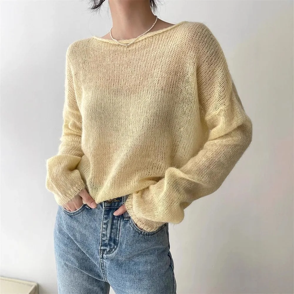 Thin Knitted Sweater Women Long Sleeves Solid Color Transparent Pullover Female Fashion Top 2026 Spring autumn