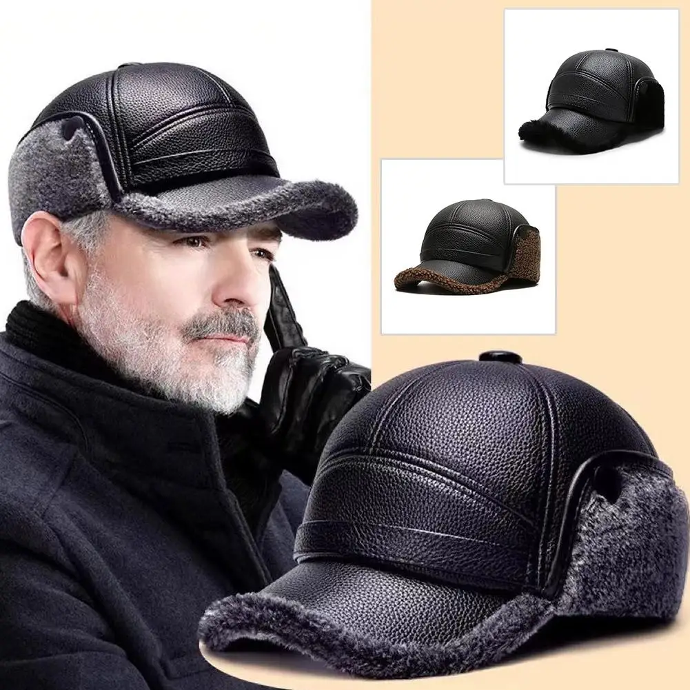 Gorra de béisbol de cuero Pu para hombre, gorro cálido de invierno para papá, abuelo, gorro térmico, gorro de cuero grueso y cálido, gorra con protección para los oídos para hombre mayor