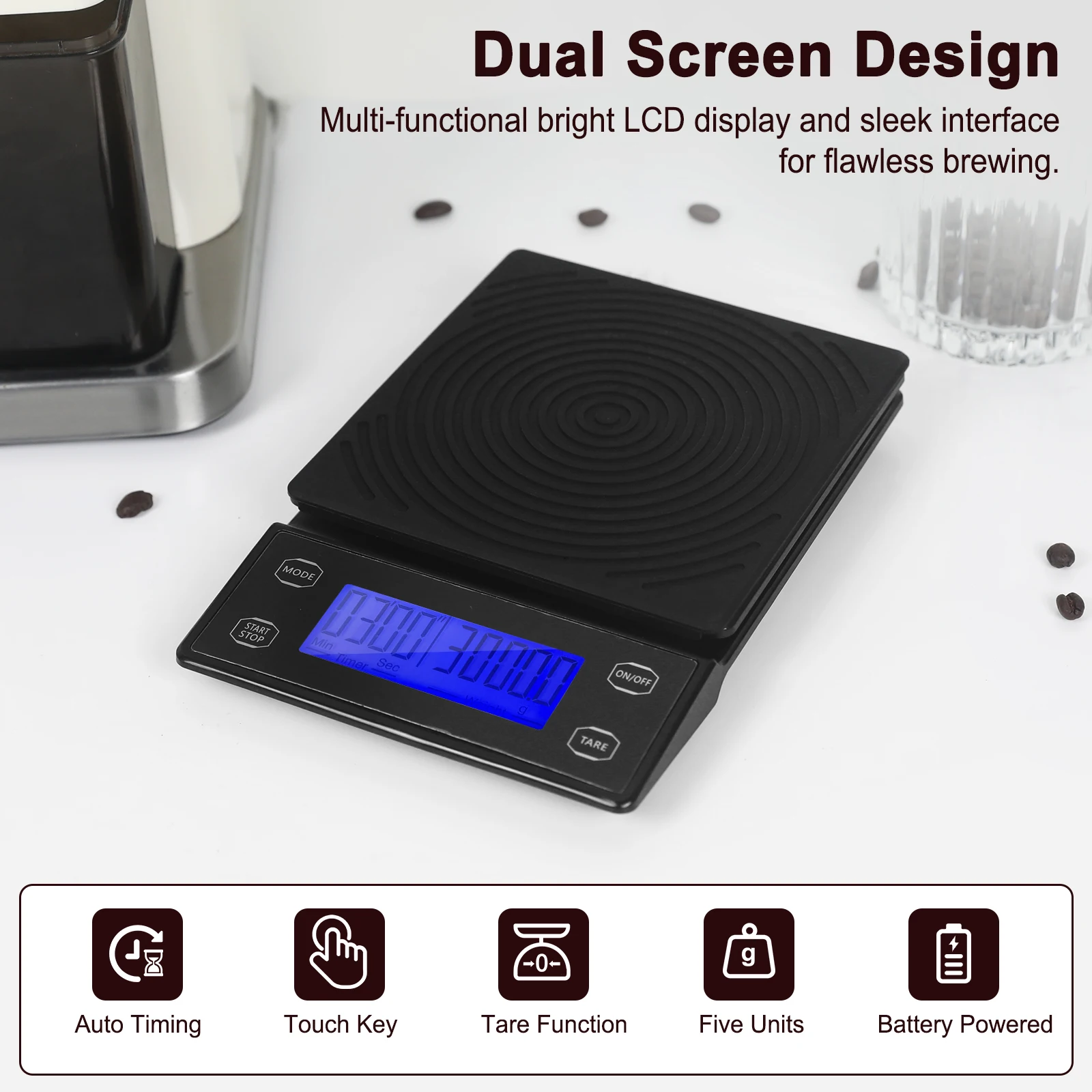 Báscula de café Toolour con temporizador, báscula de cocina de alta precisión de 0,1g con tecla táctil y cubierta de silicona para Espresso/Pour-Over
