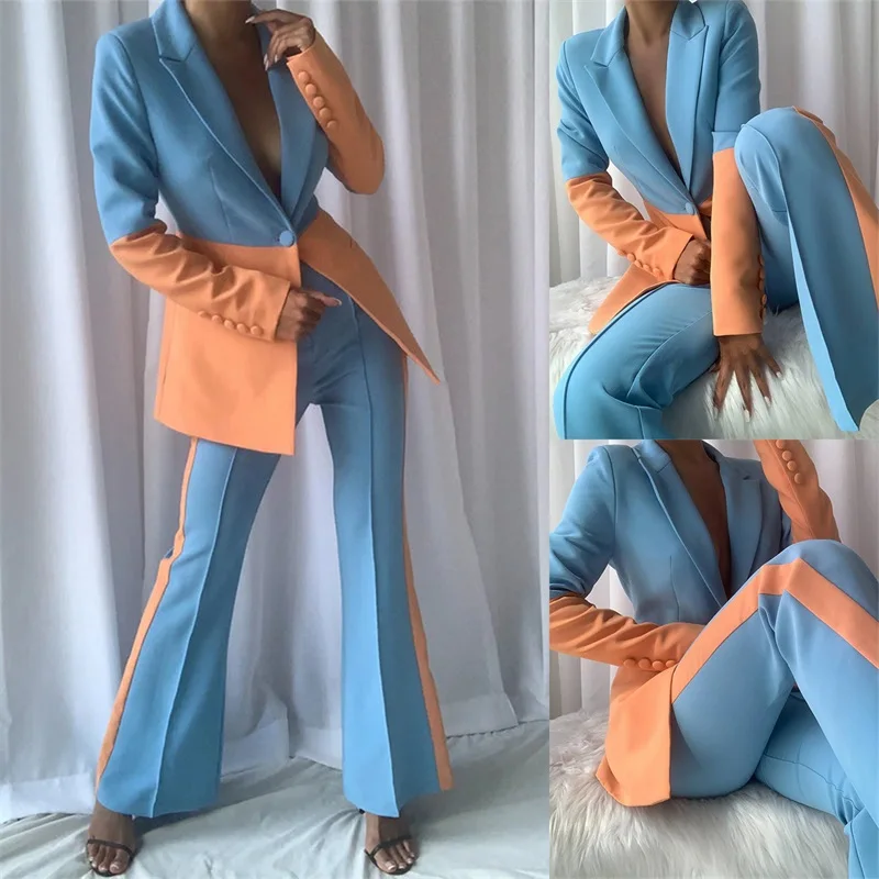 Stitching Color Women Pants Suit Custom Made Blazer+Flare Trousers Formal Office Lady Wedding Prom Dress 2 Pieces Женский костюм