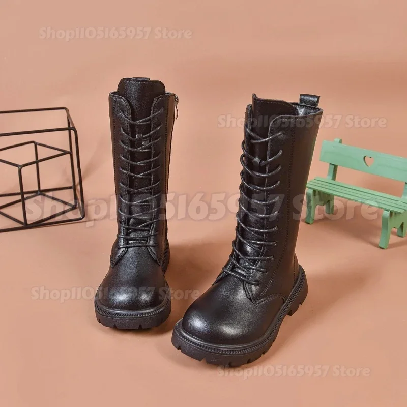 Nouvelles bottes d'hiver pour filles, hauteur genou, style punk, à lacets, avec fermeture éclair, en cuir PU noir et blanc, élégantes et polyvalentes pour enfants