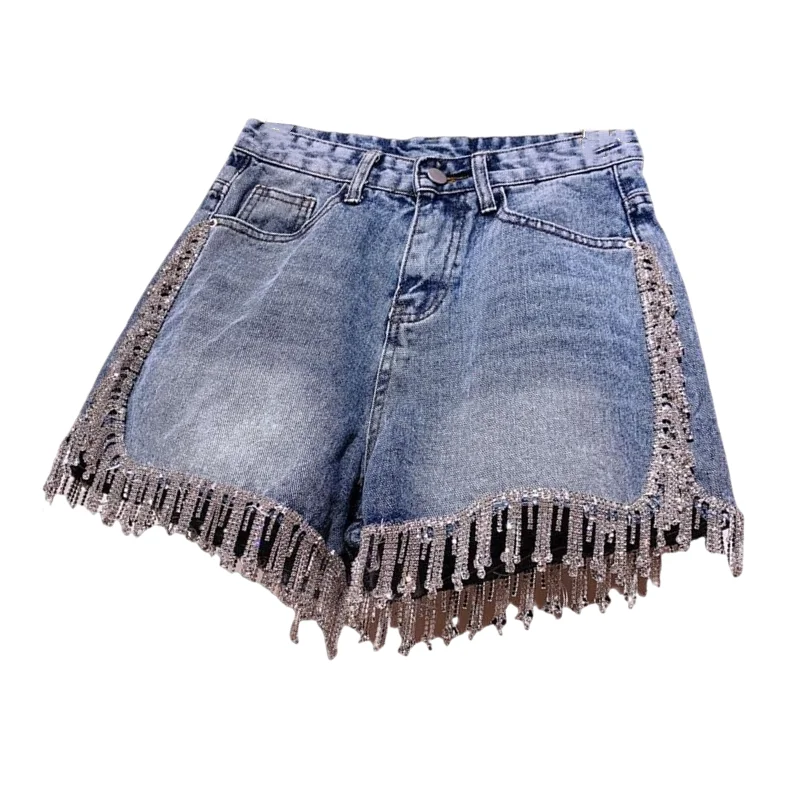 

Summer Rhinestone Fringed Tassel Denim Shorts Fashion Cool Girls High Waist Diamond Short Jeans Hot Pants