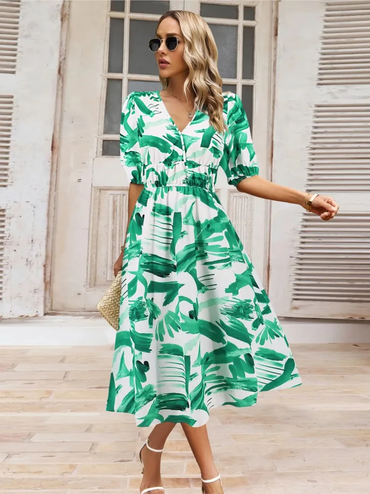 

Spring Summer New Women's Sexy V-neck Elastic Waistband Fashionable Bohemian Printed Casual Mid Length A-line Dress