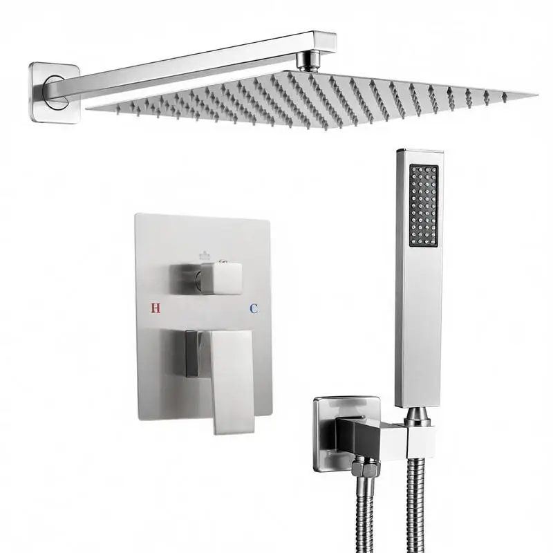 

Rainfall Bathing System 12-Inch Square For Master Bathroom Guest Suite Home Renovation Wall Mounted Spray Combo Brass Valve Trim Kit Brushed Nickel Finish