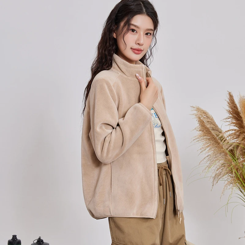 New Stand Collar Warm Polar Fleece Jacket Women Autumn Winter Long Sleeve Zip Up Coats Woman All Match Pocket Solid Plush Jacket