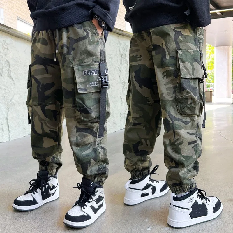 Kids Camouflage Jogging Pants Streetwear Cotton Cargo Trousers Harajuku Casual Joggers Spring Fall for Boys Clothes 6 to 14 Year