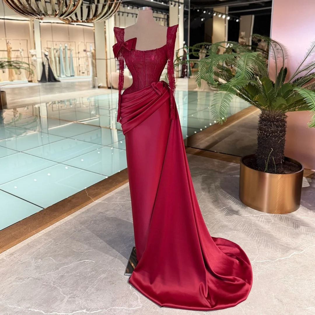 

Mermaid Evening Dresses Satin Pleated Wedding Party Dress Long Sleeves Customized Lace Prom Gown Formal Vestidos