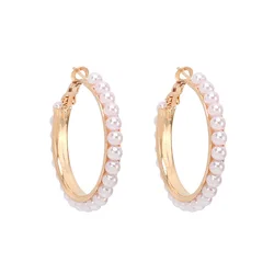 Exaggerated Imitation Pearl Round Hoop Earrings for Women Hiphop Punk Metal Creative Geometry Loop Jewelry Accessory Girl Gift