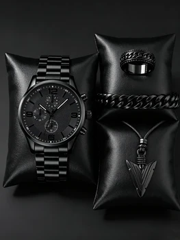 Casual Children's Quartz Watch Set with Bracelet Necklace Ring - Birthday Gift for Kids Fashionable Steel Strap Jewelry Combo