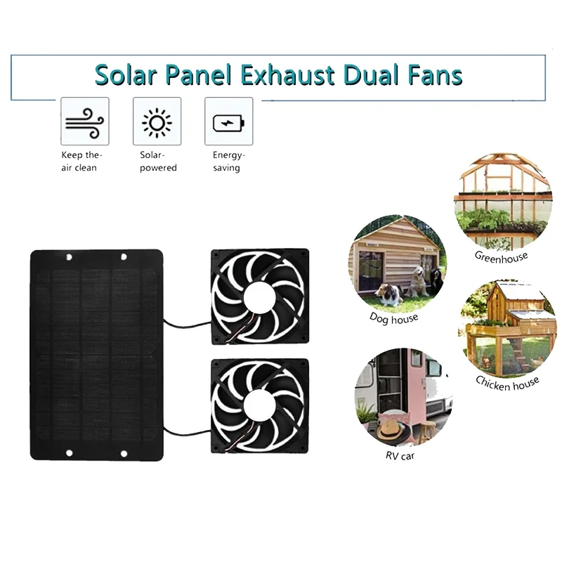 10W Solar Panel Kit 10W 12V Waterproof Solar Powered Dual Fan Kit Ventilator Exhaust Fan For Dog Chicken House Greenhouses Sheds