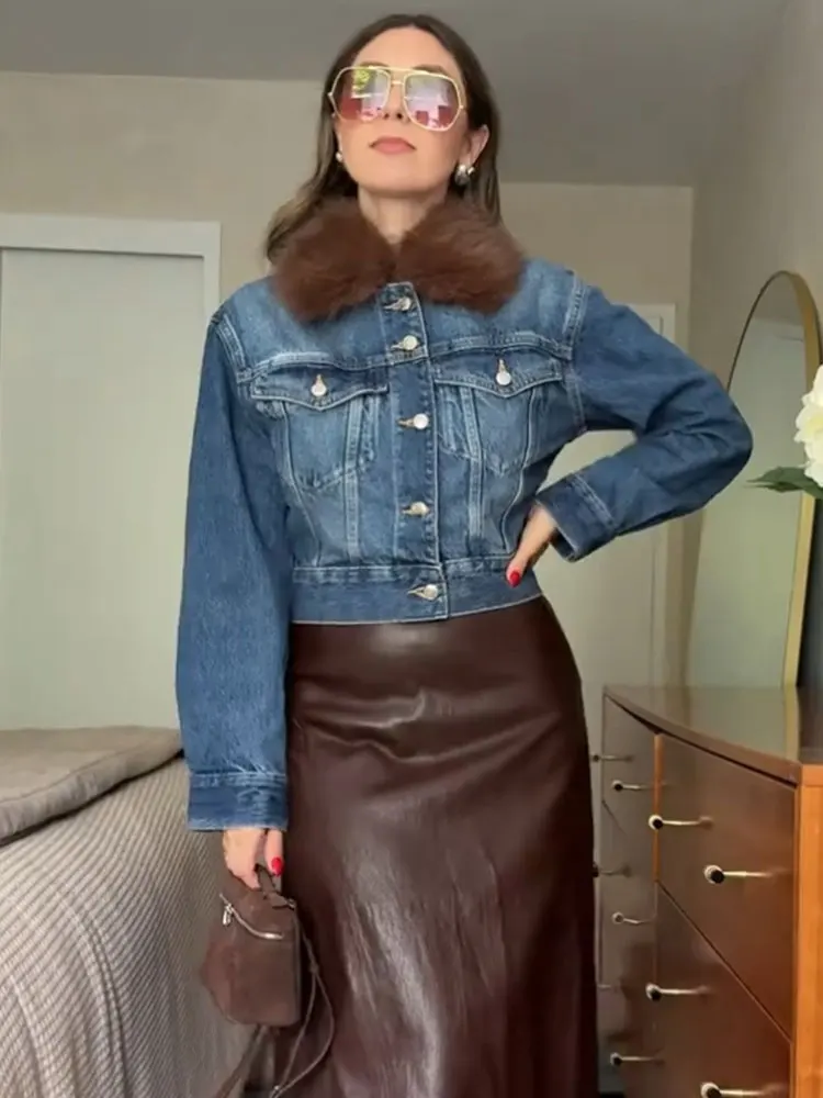 HH 2025 الخريف المرأة الدنيم سترة واحدة الصدر طويلة الأكمام فو الفراء طوق الدنيم سترة معطف موضة أنيقة امرأة ملابس خارجية