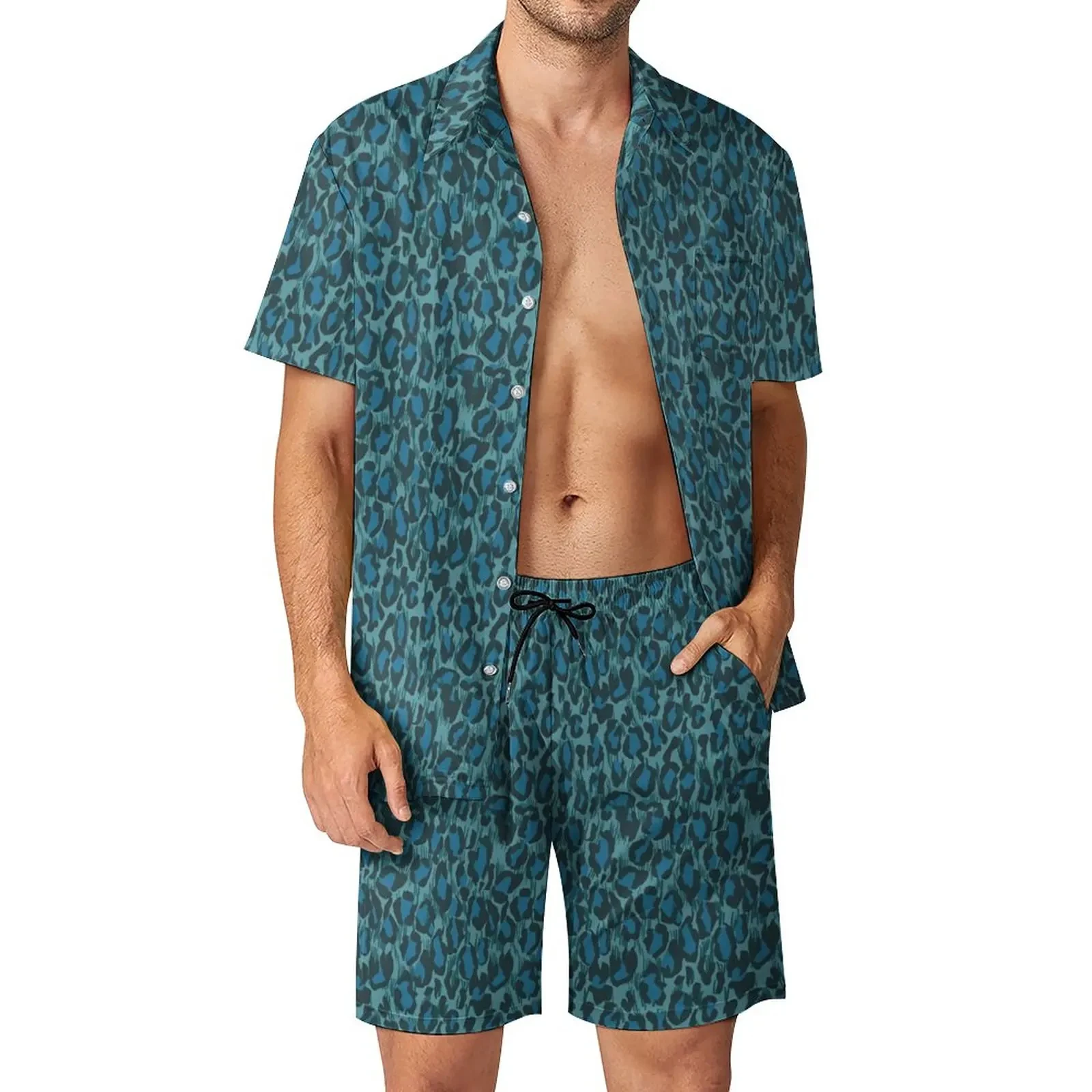 Conjunto de camisa 3D con estampado de leopardo para hombre, ropa informal de manga corta, pantalones cortos de playa de gran tamaño, ropa de calle