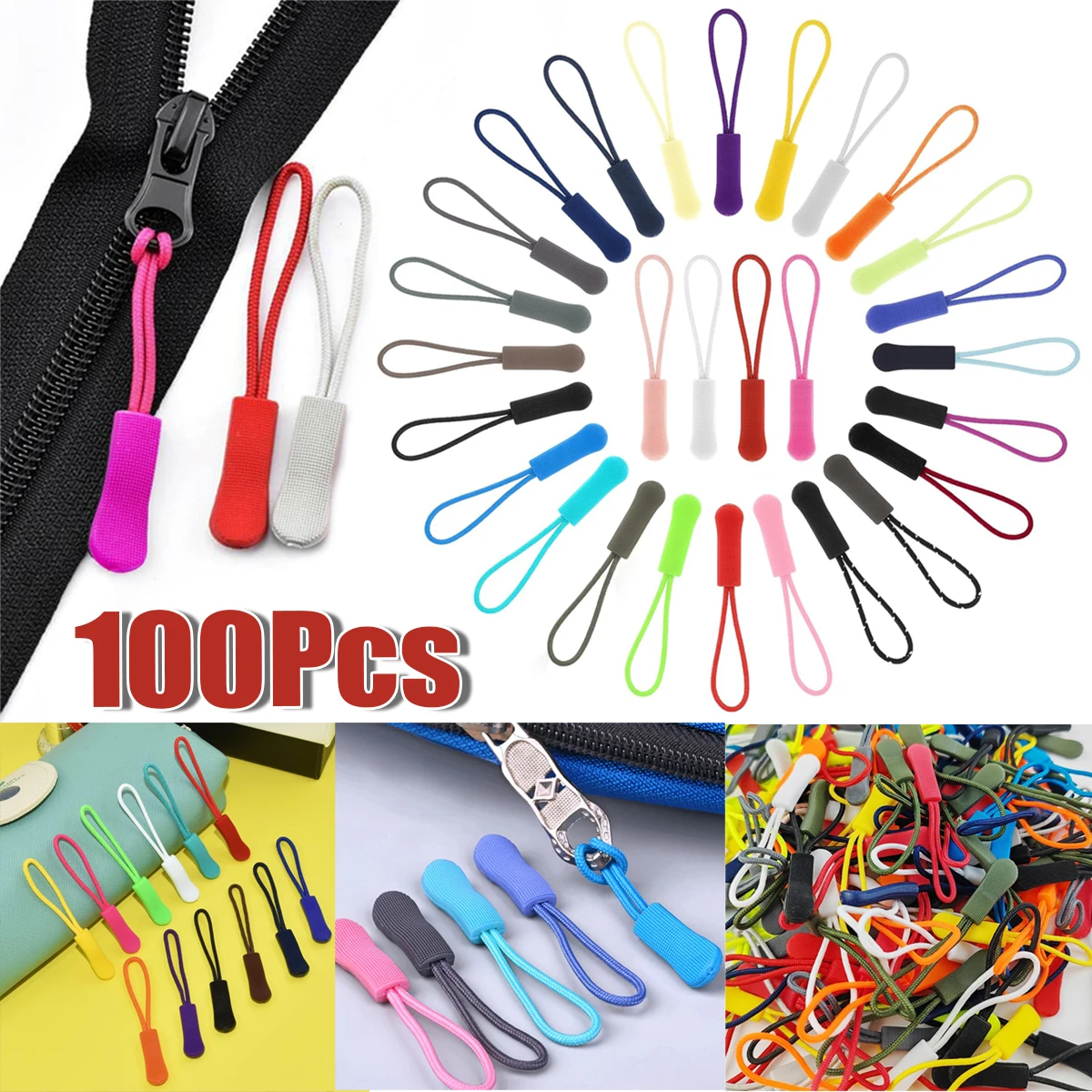 

100Pcs Zipper Pulls Zipper Extension Pulls Nylon Cord Zipper Tag Replacement for DIY Sewing Clothes Backpacks Jackets Luggage