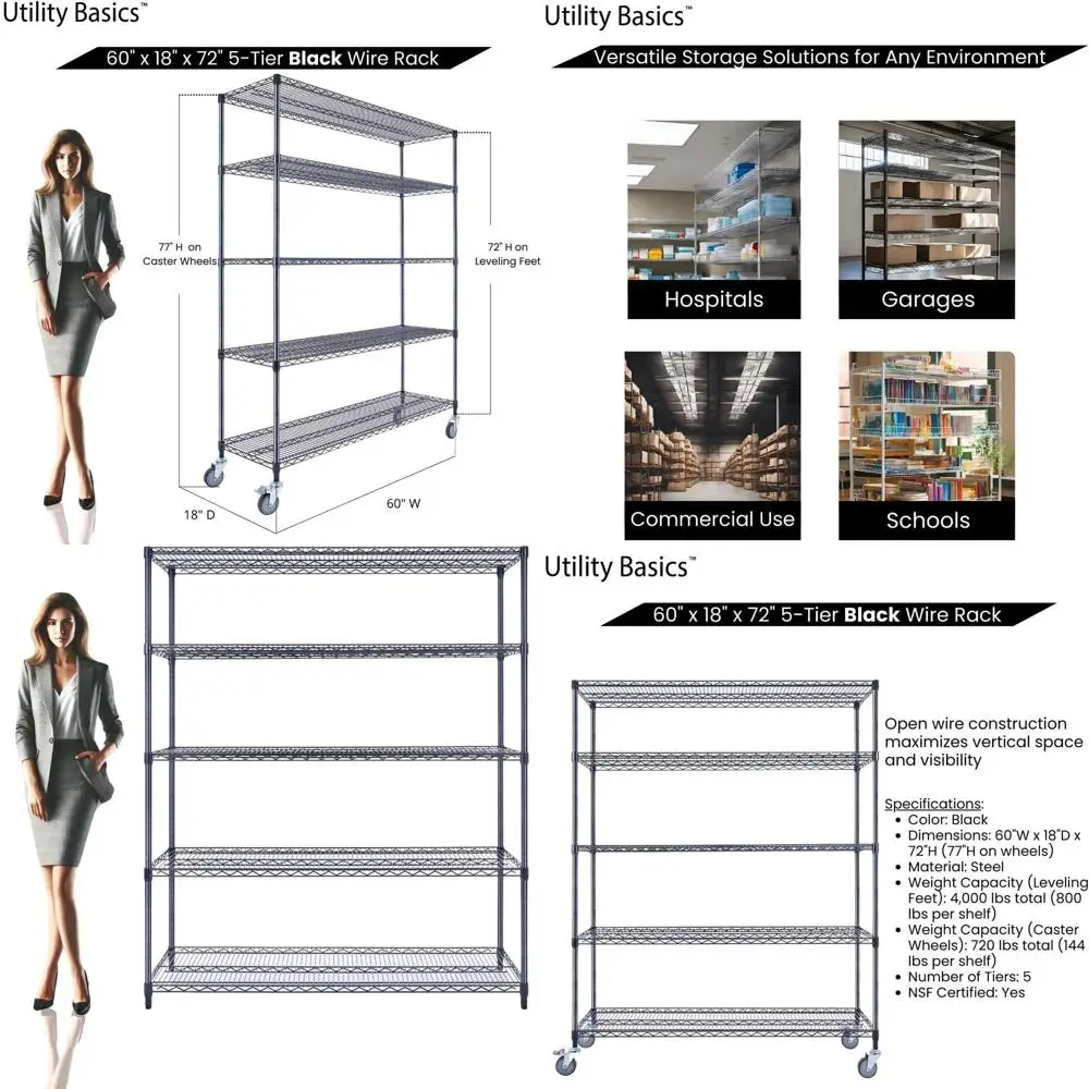 

5-Tier Heavy-Duty Wire Shelving with Wheels, 60x18x72, 4000 lbs Capacity, Black, for Storage, Garage, Kitchen, or Warehouse