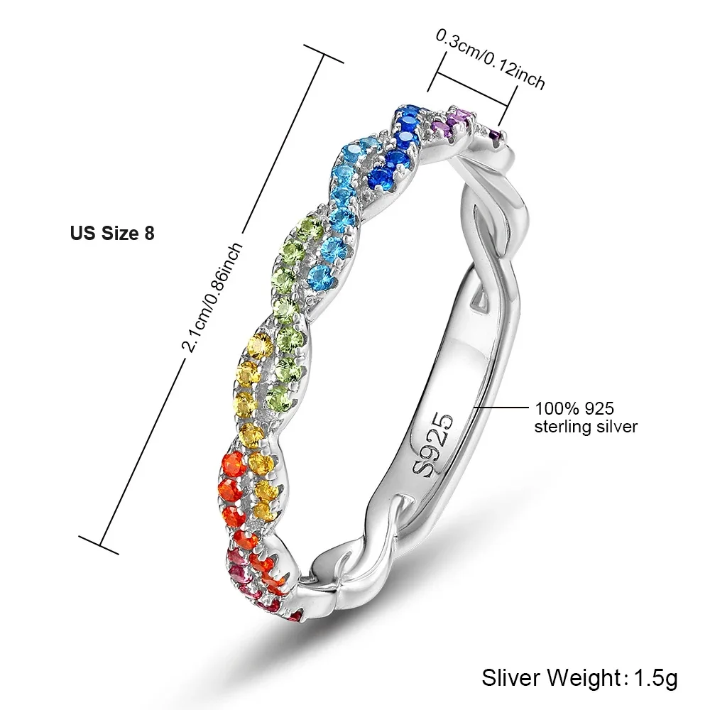 ALLNOEL-925 Anéis De Prata Esterlina para Mulheres, Zircão Deslumbrante, Anel Arco-Íris CZ Torção, Delícias Da Moda, Joias Finas, Presentes De