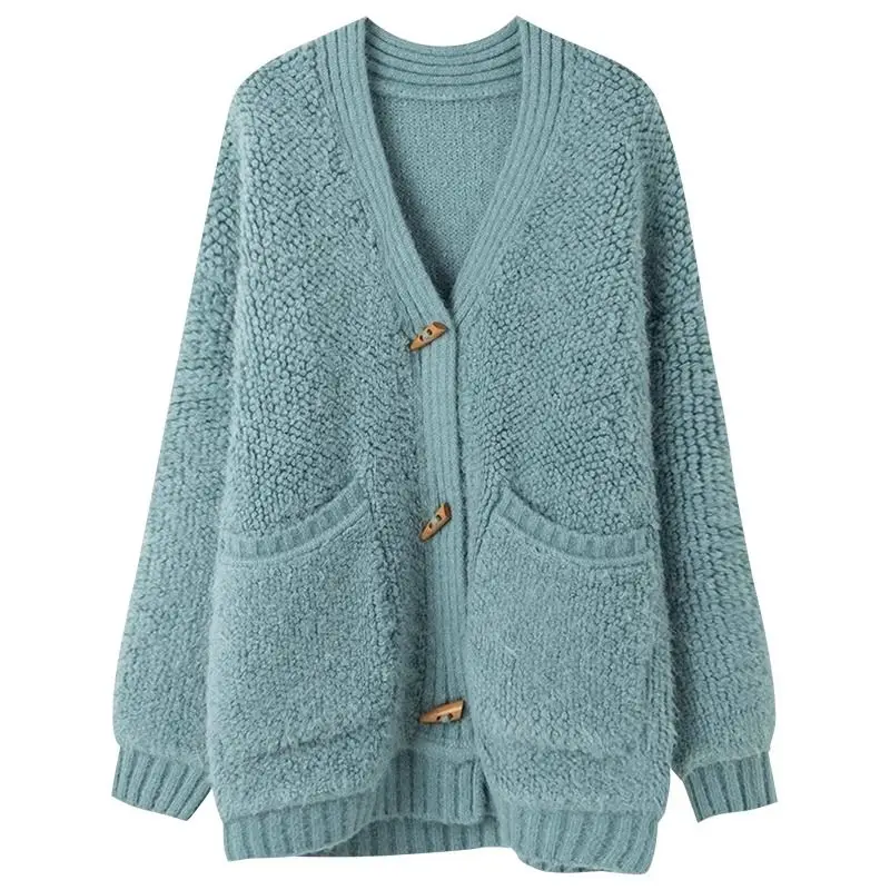 2023 Spring/Autumn Lazy Thickened V-neck Ox Horn Button Sweater Coat Women's Waist Waist Slimming Knitted Dress Two Piece Set
