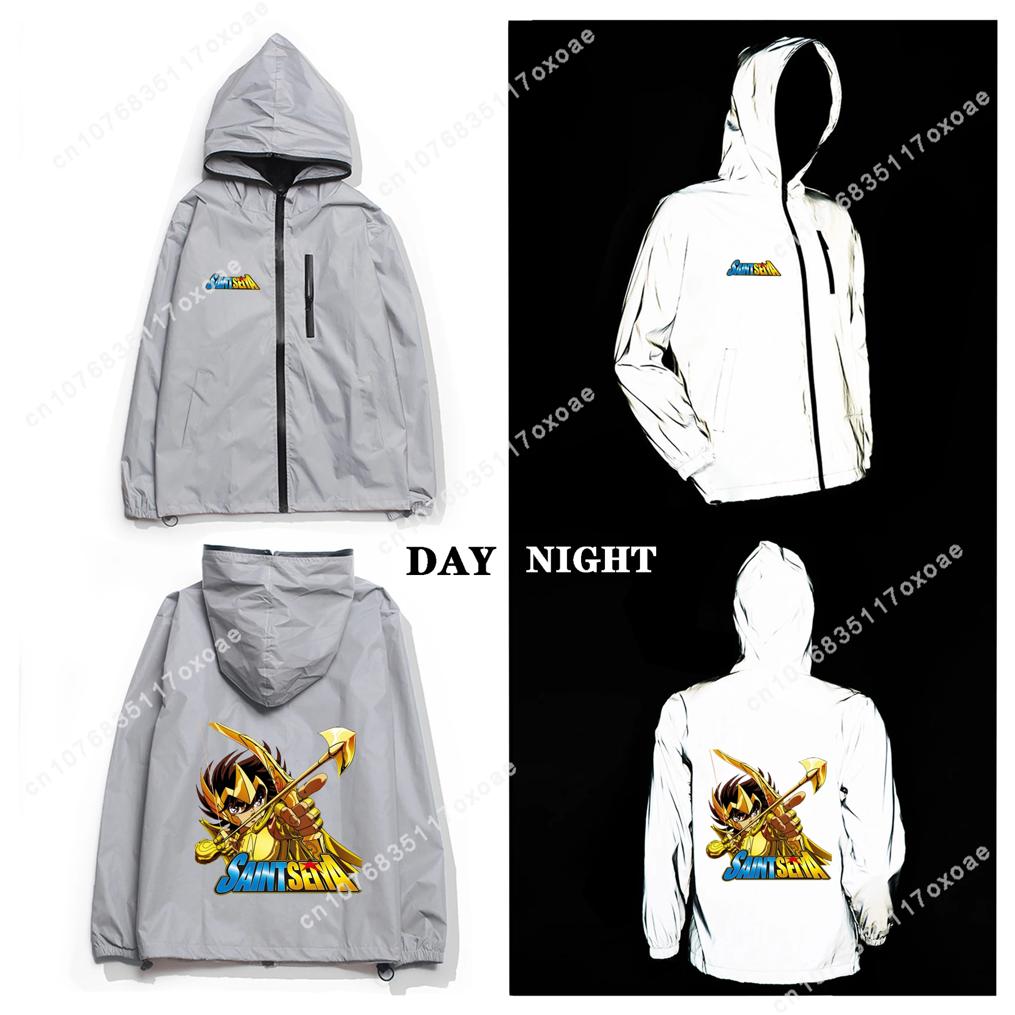 Saint Seiya Reflective Jacket Mens Womens Coat Hooded Windbreaker Pocket Jackets Anime Cartoon Manga Customization Hoodie