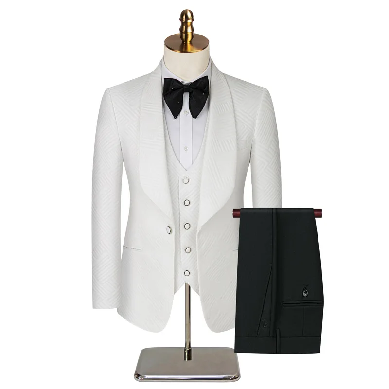 

White Jacquard Wedding Host Performance Men's Suits 3pcs Blazer Vest Pants Formal Party Groom Tuxedo