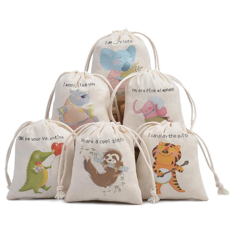 50Pcs/lot Cute Animal Printing Cotton Drawstring Pouch Children's Birthday Candy Gift Packaging Bags Small Pouches
